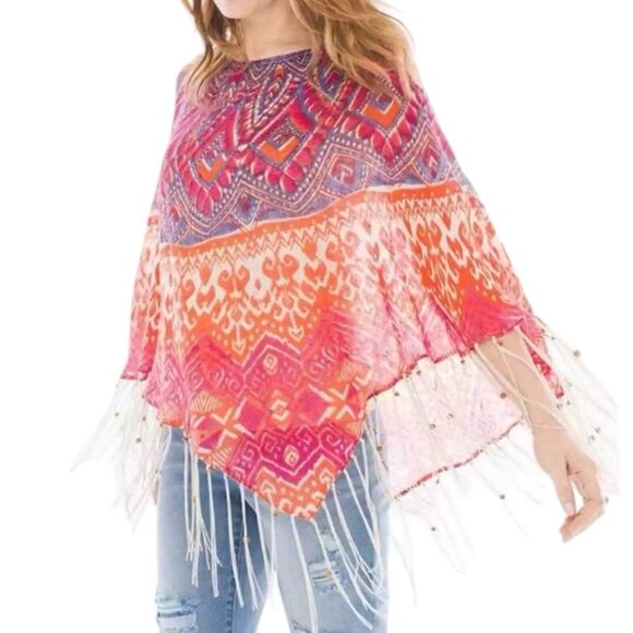 Chico's Phoebe Poncho Linen Semi Sheer Beaded Fringe Southwestern Cowgirl Sz OS - Picture 7 of 7